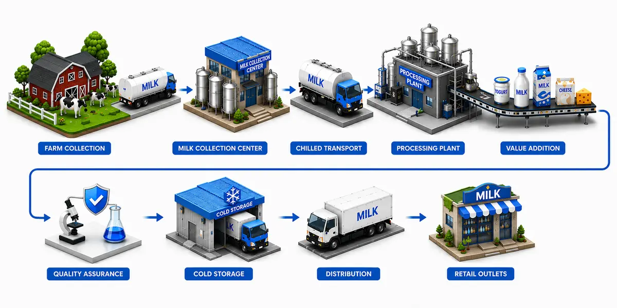 Dairy value chain covering milk procurement, processing, value addition, sales and distribution