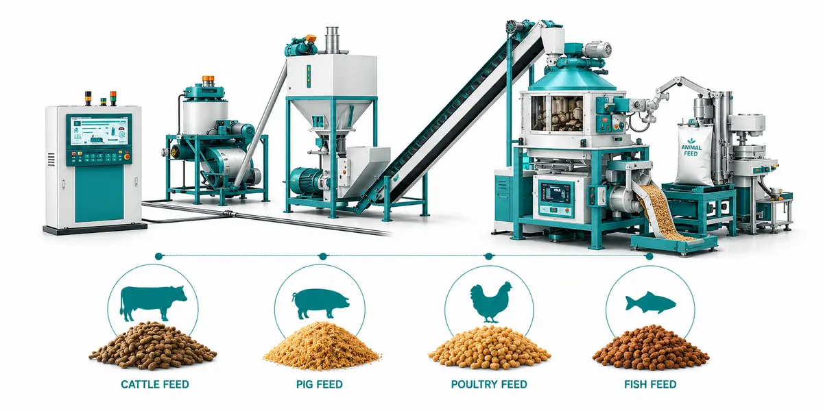 Modern automated feed manufacturing plant producing feed for multiple livestock categories
