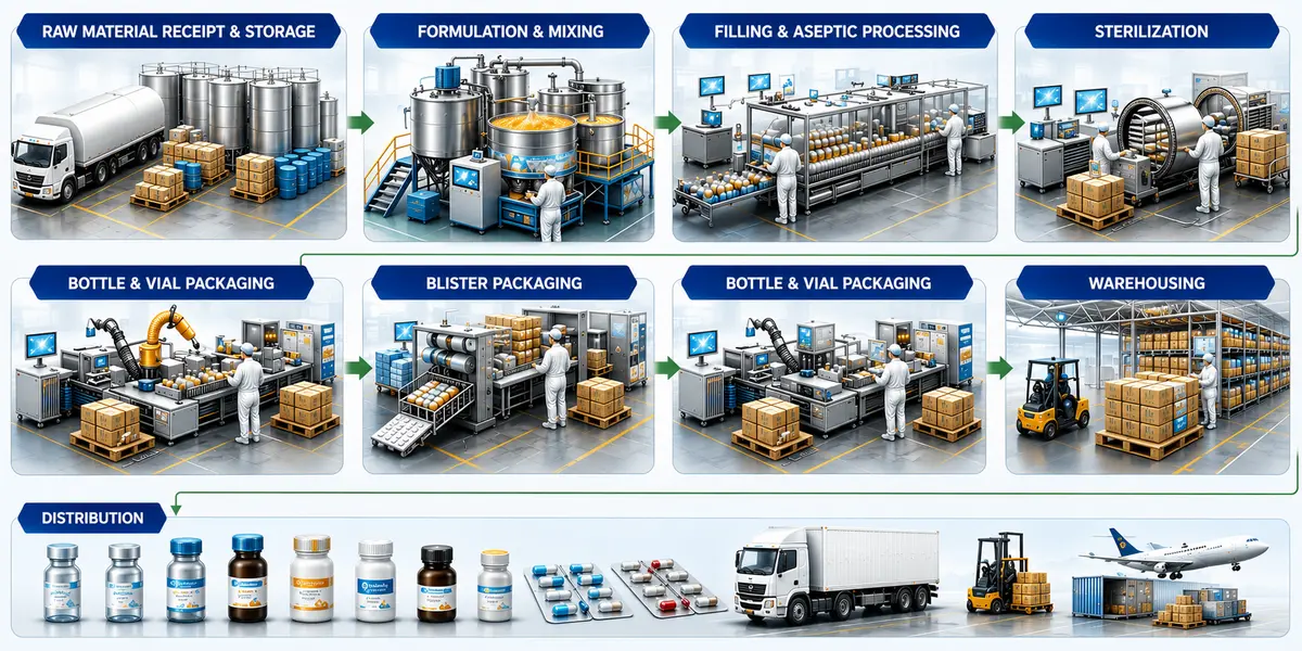 Pharmaceutical manufacturing process from raw materials through formulation, packaging and distribution