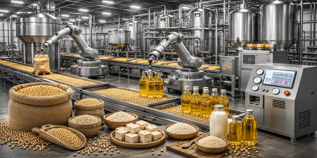 Automated soya processing plant with soybeans, oil and finished soya products